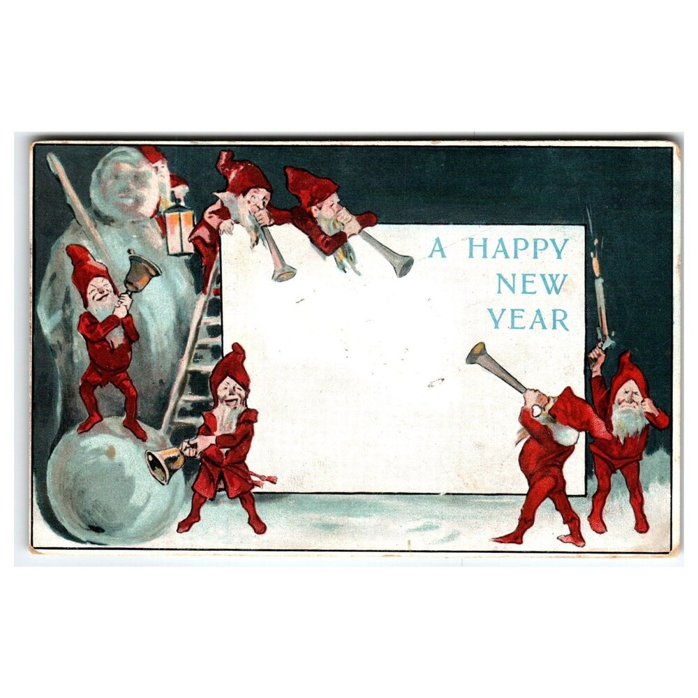 Vintage 1907 New Year Gnomes Snowman Postcard - S. Langsdorf & Co. German